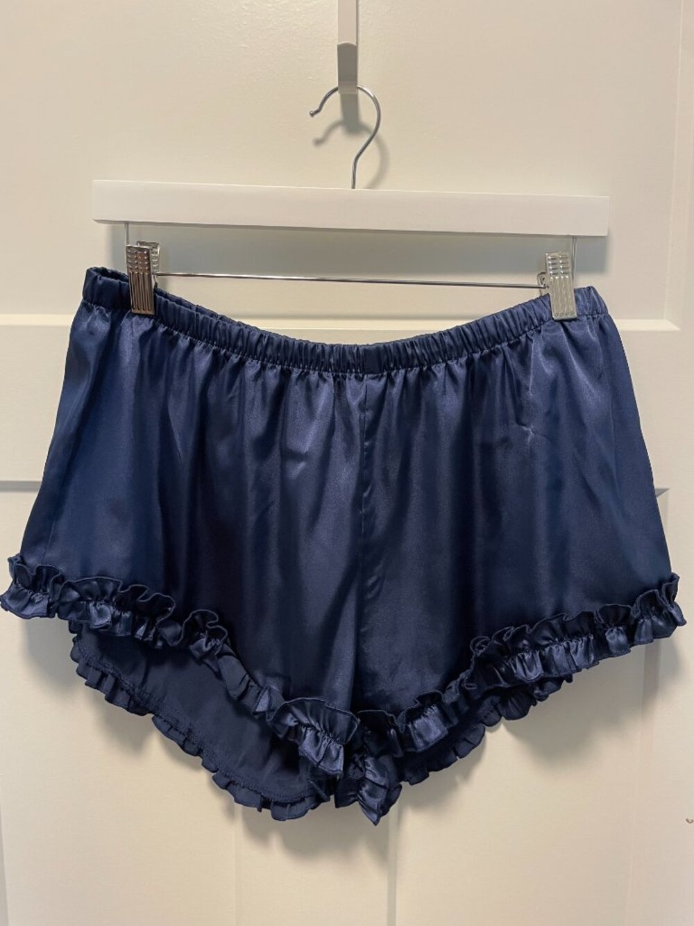 Satin Cami Ruffle Shorts Sleep Set Navy Blue Coquette Lounge Two Piece Size L/XL - Picture 8 of 14